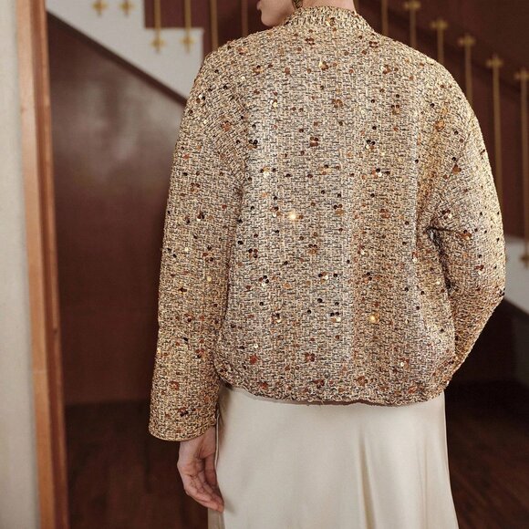 Gold Women's Casual Luxury Shiny Coarse Yarn Bomber Jacket With Sequin Decor - Picture 2 of 8